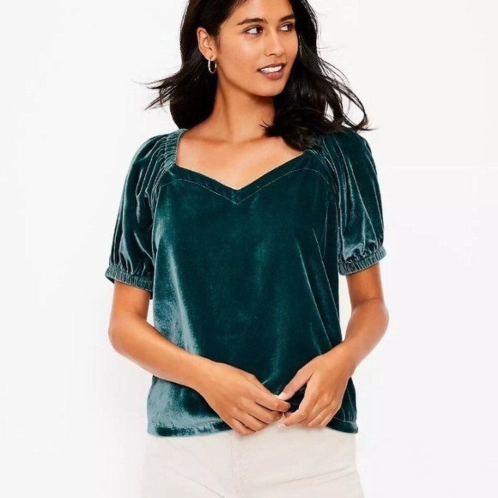 NEW LOFT Velvet Puff Sleeve Top Blouse XL Deep Spruce Green 574214 NWT